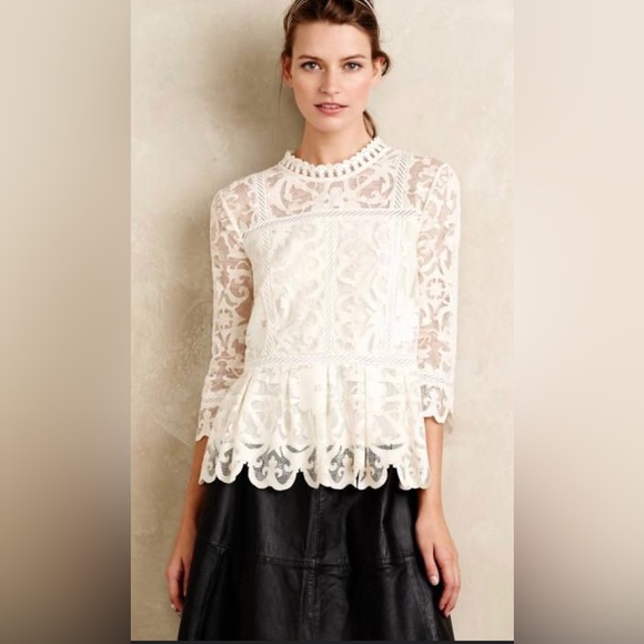 Anthropologie Tops - Anthropologie | HD in Paris 3/4 Sleeve Ivory & White Paisley Lace Peplum Top